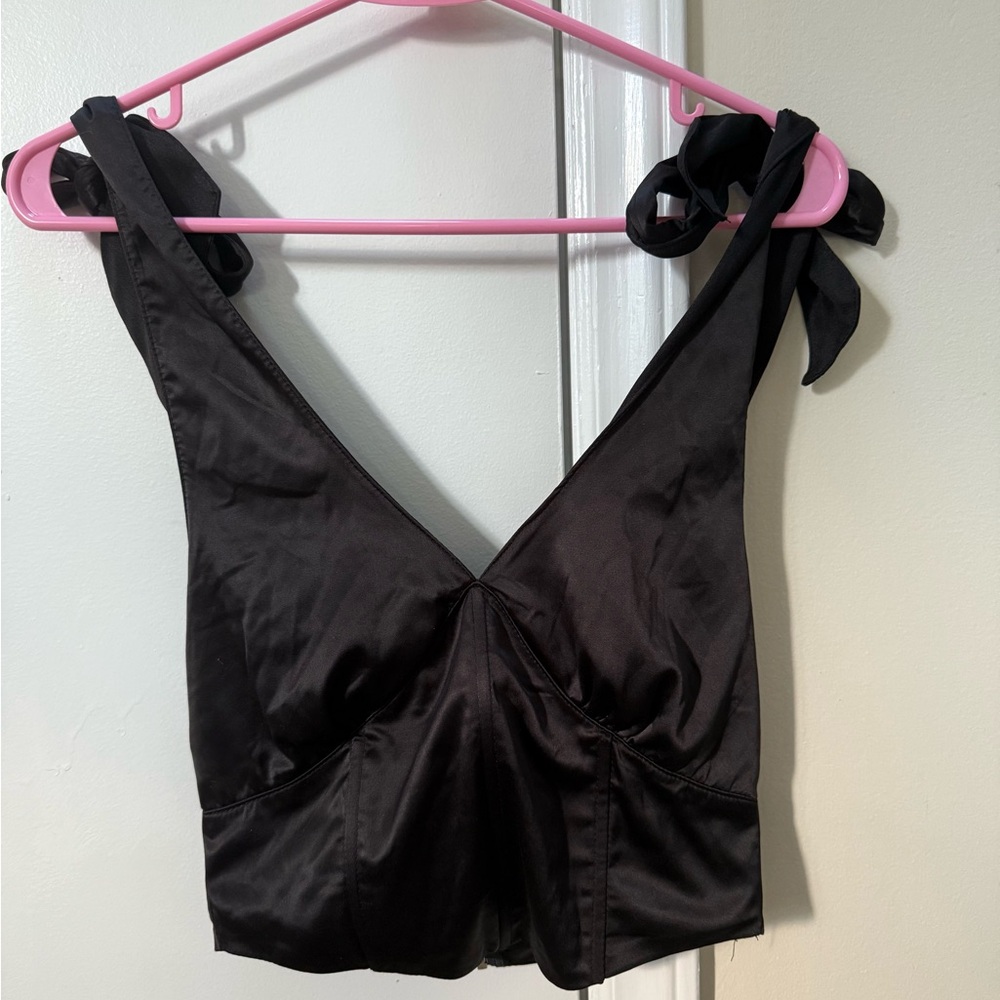 Black Satin Tie-Shoulder Top